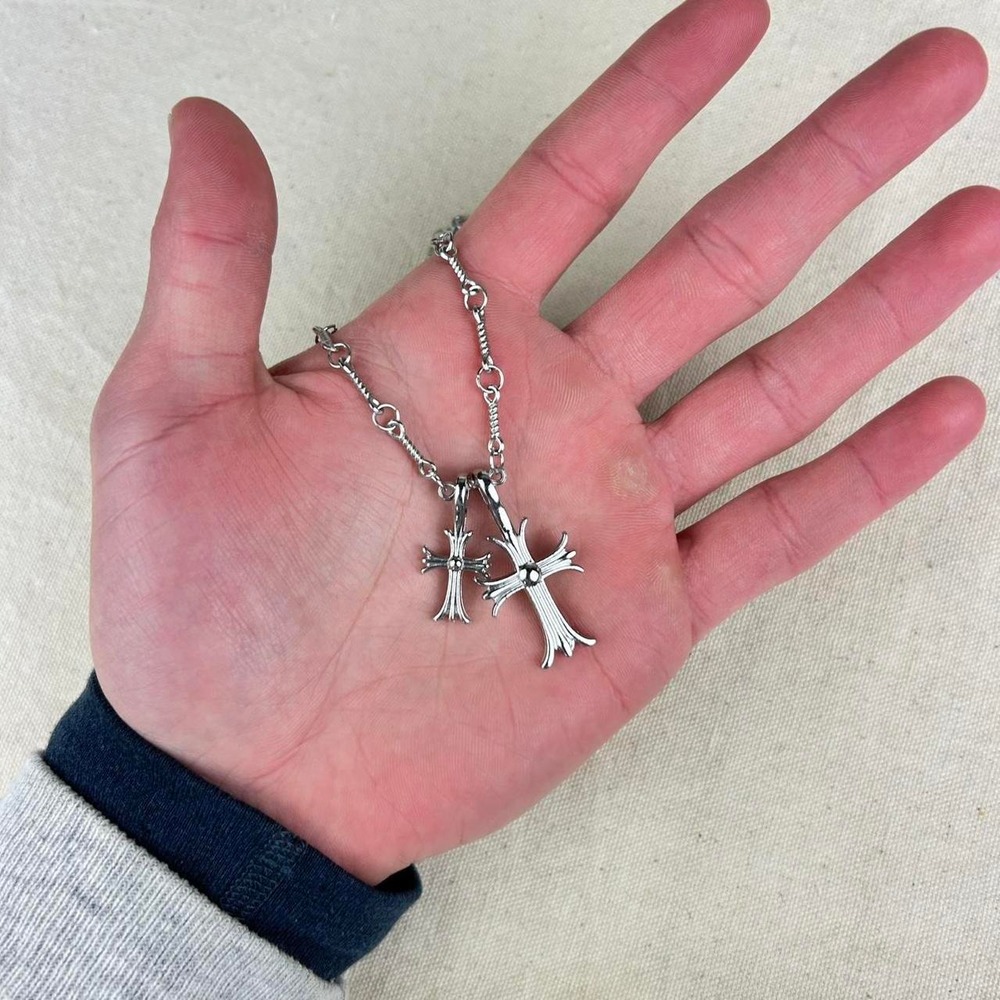 Vintage Y2K silver double cross opium style necklace diamond chain